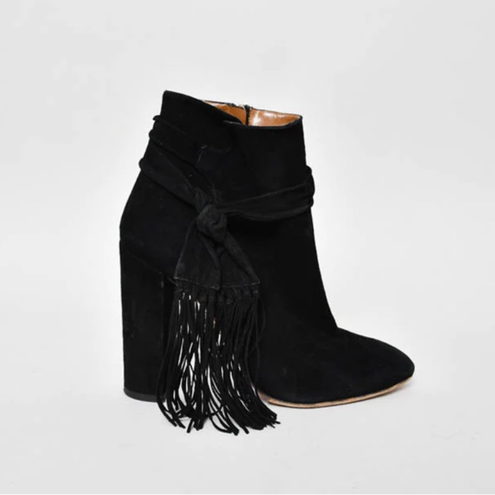 Aquazzura Black Suede Booties w/ Fringe Sash